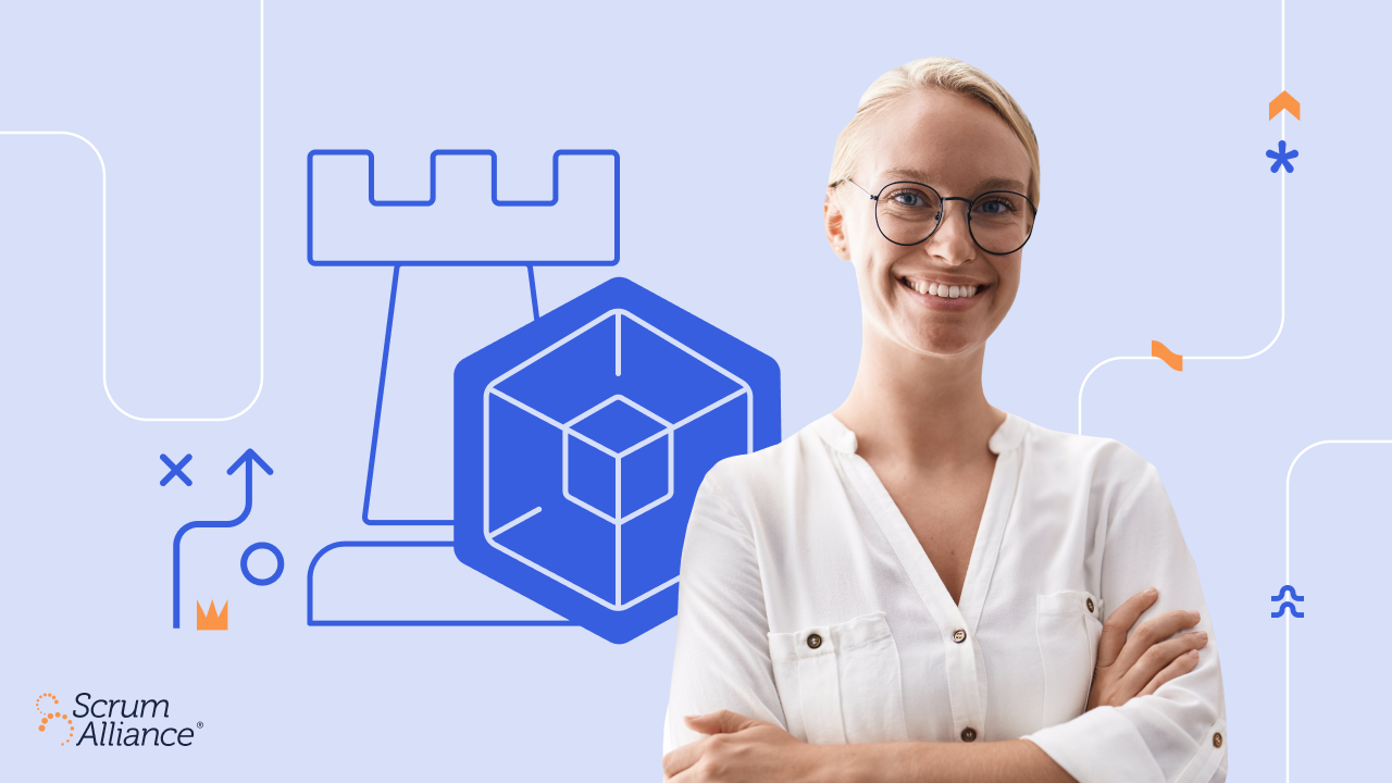 A Scrum Alliance branded graphic with a business person smiling in the foreground